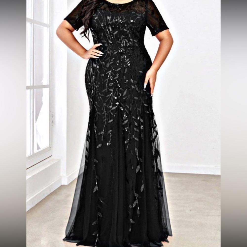 Floral Sequin Print Plus Size Mermaid Tulle Evening Dress Black Ever Pretty